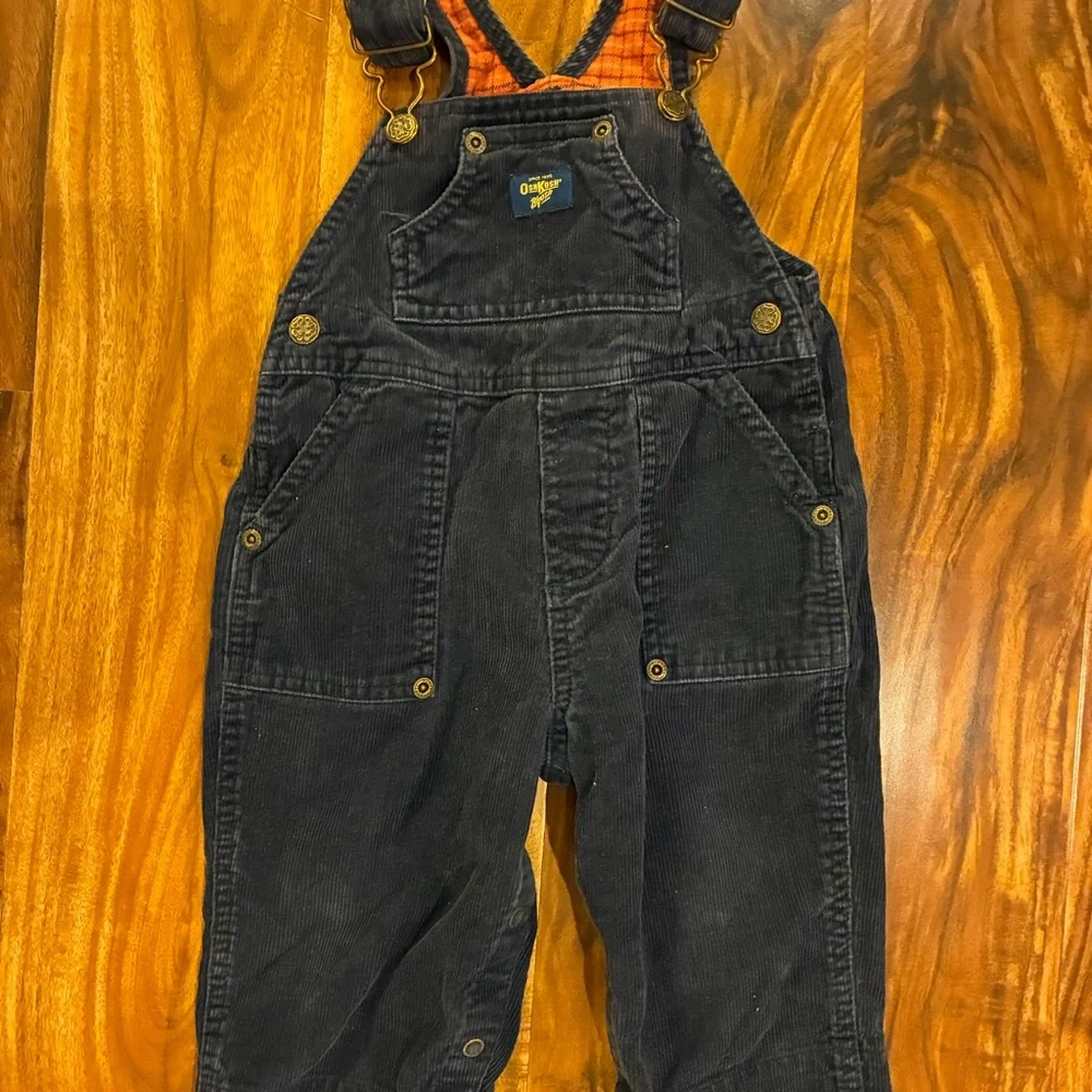 VTG OshKosh B'gosh‎ Navy Blue Corduroy Overalls 12M Plaid Lined Vestbak Boys